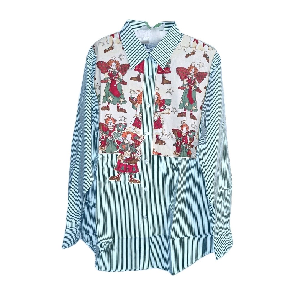 Quacker Factory Angel Star Button Shirt Large Green Women Holiday Christmas